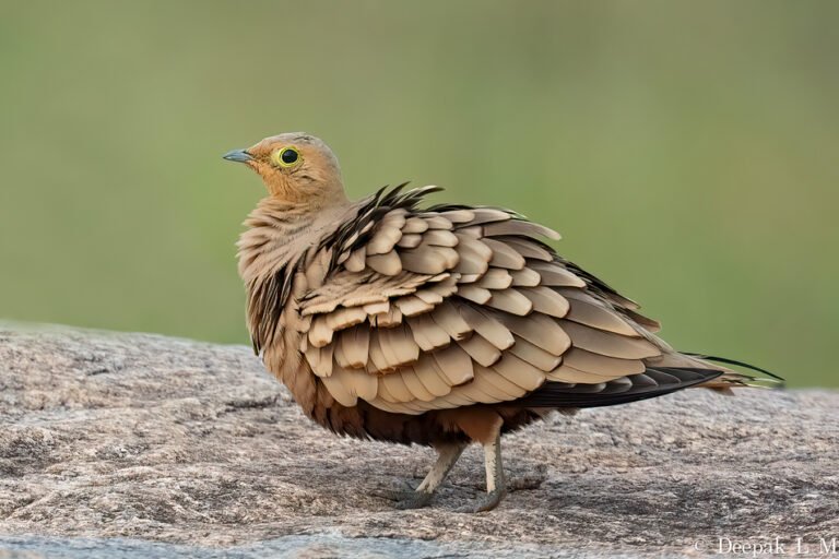 ಗಂಡು ಕೆಂಪುಹೊಟ್ಟೆಯ ಗೌಜಲಕ್ಕಿ (Chestnut-bellied Sandgrouse) ಬಂಡೆಯ ಮೇಲೆ ಕುಳಿತಿರುವ ಚಿತ್ರ, ಬೆಂಗಳೂರು ಸಮೀಪ